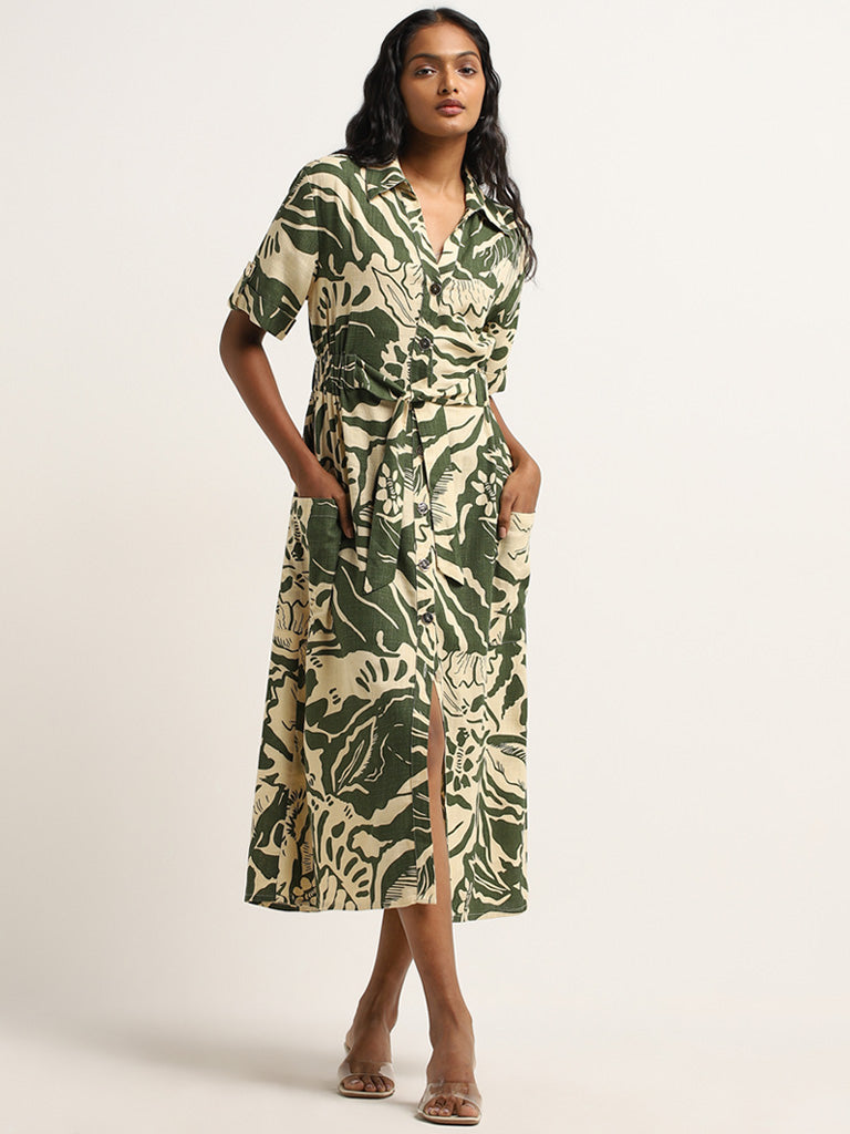 LOV Beige & Olive Printed Blended Linen Shirt Dress