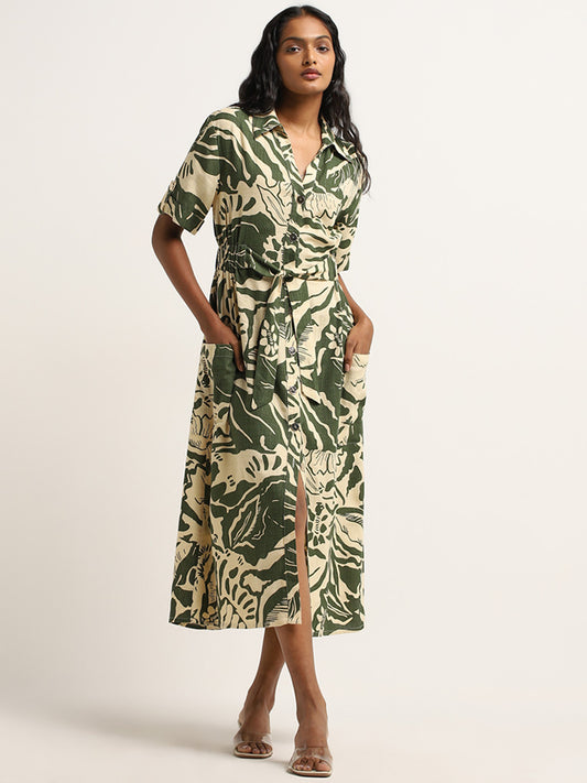 LOV Beige & Olive Printed Blended Linen Shirt Dress