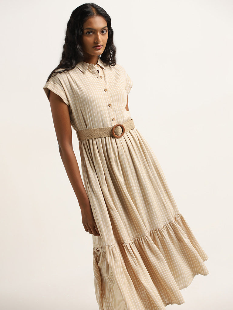 Buy LOV Light Beige Tiered Blended Linen Shirt Dress with Belt from Westside