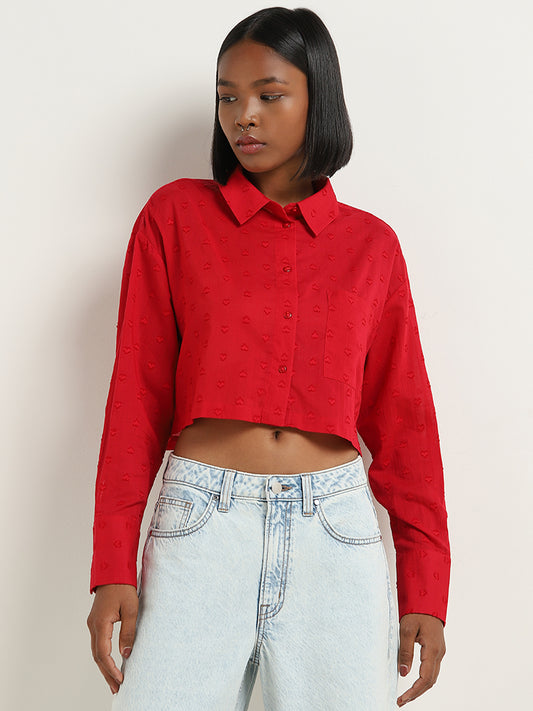 Nuon Red Heart Embroidered Cropped Cotton Shirt