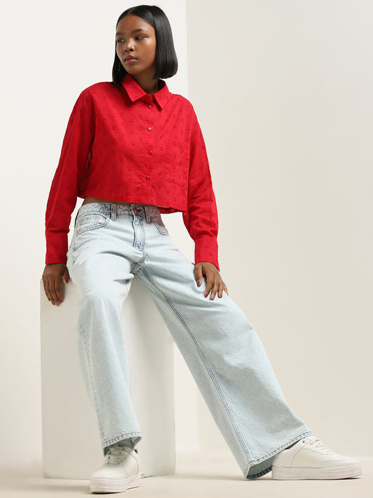 Nuon Red Heart Embroidered Cropped Cotton Shirt