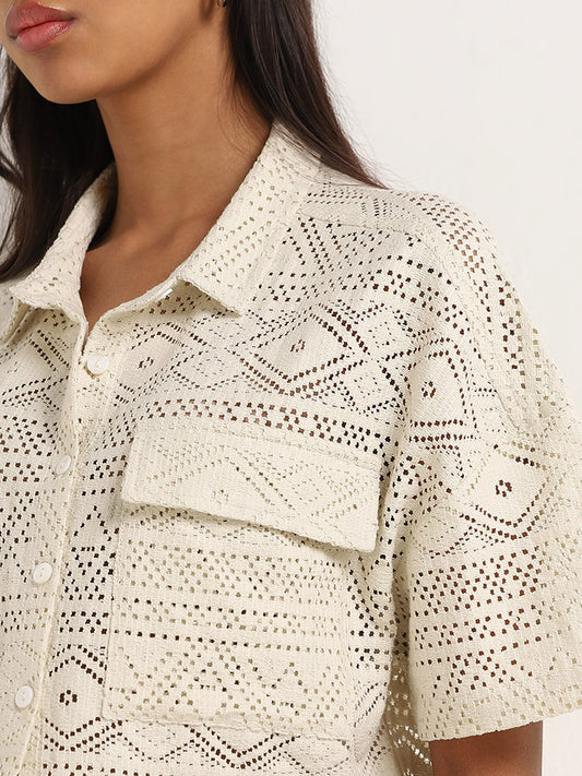 Nuon Off-White Knit-Textured Crochet Cotton Blend Shirt