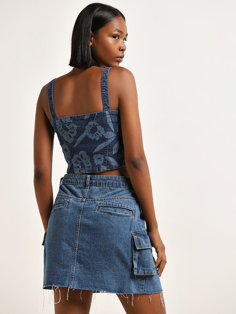 Nuon Dark Blue Floral Printed Denim Crop Top