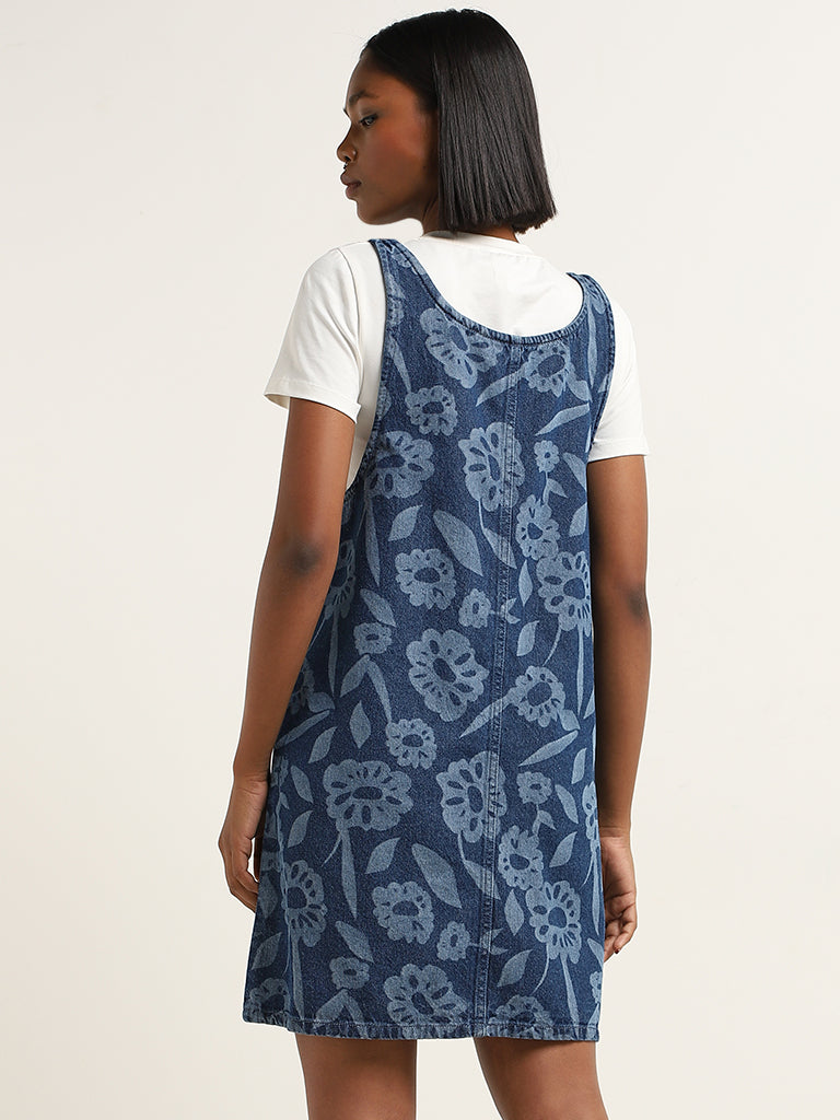 Nuon Blue Floral Patterned Straight Cotton Dress