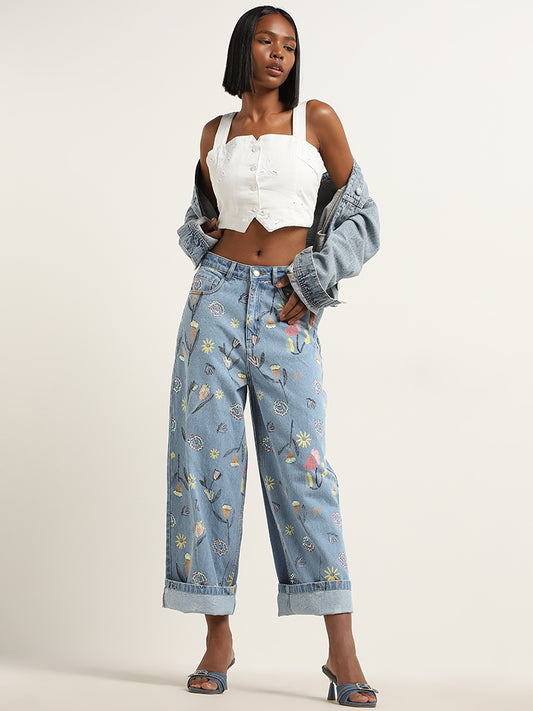 Nuon Light Blue Floral Relaxed - Fit Mid - Rise Jeans