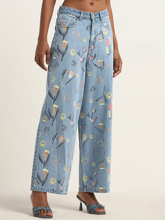 Nuon Light Blue Floral Relaxed - Fit Mid - Rise Jeans