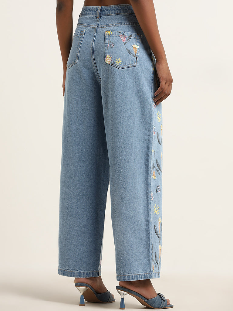 Nuon Light Blue Floral Relaxed - Fit Mid - Rise Jeans