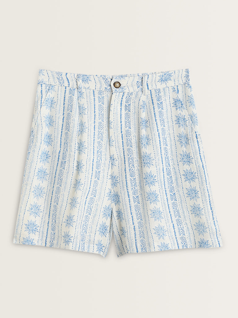 Nuon White & Blue Printed Mid-Rise Cotton Shorts