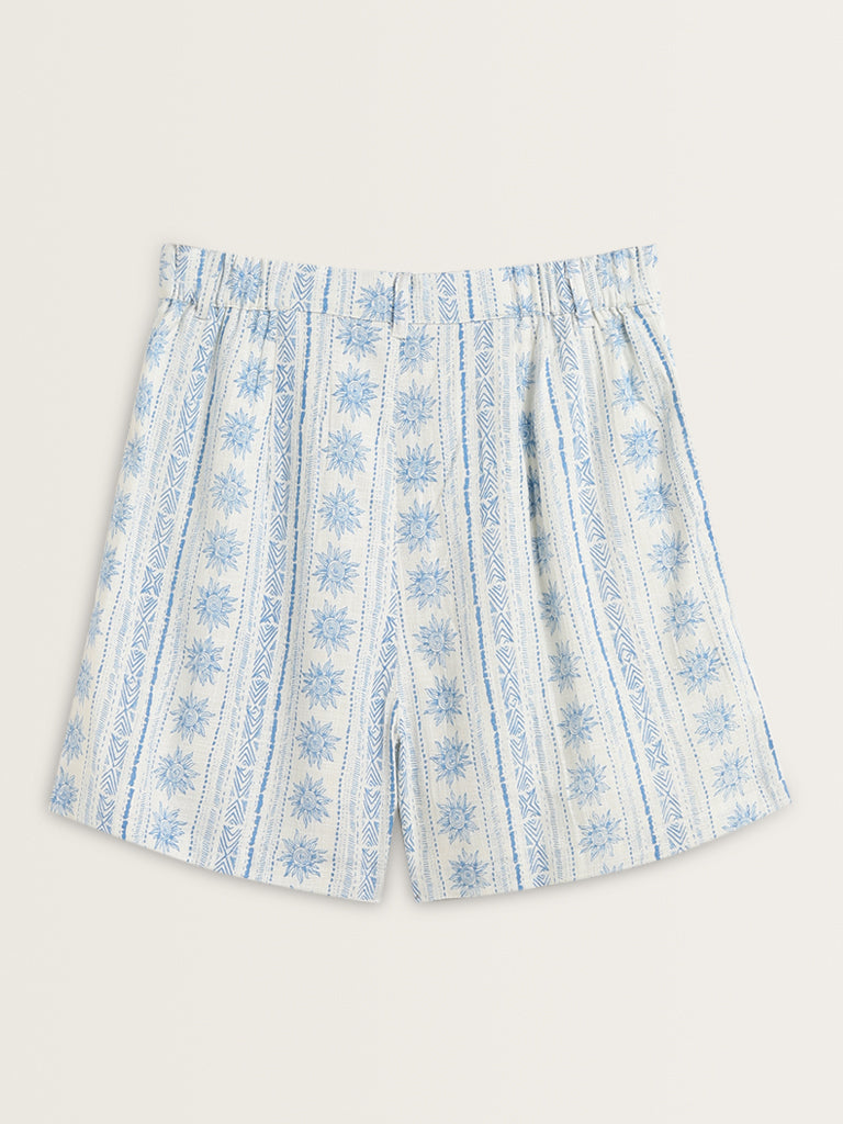 Nuon White & Blue Printed Mid-Rise Cotton Shorts