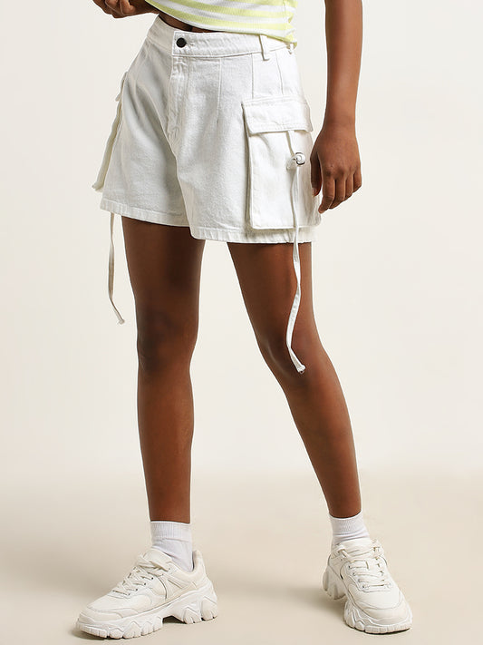 Nuon White Cargo-Style High-Rise Denim Shorts
