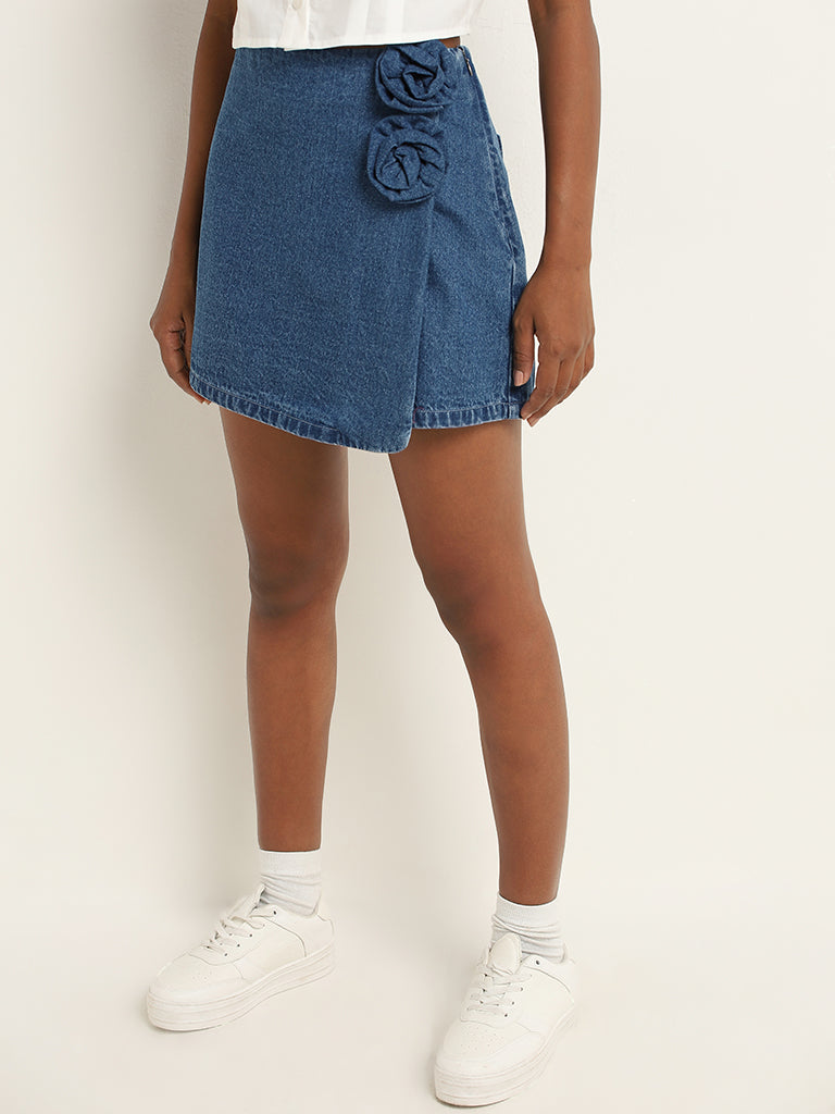 Nuon Dark Blue Rosette High-Rise Cotton Skort