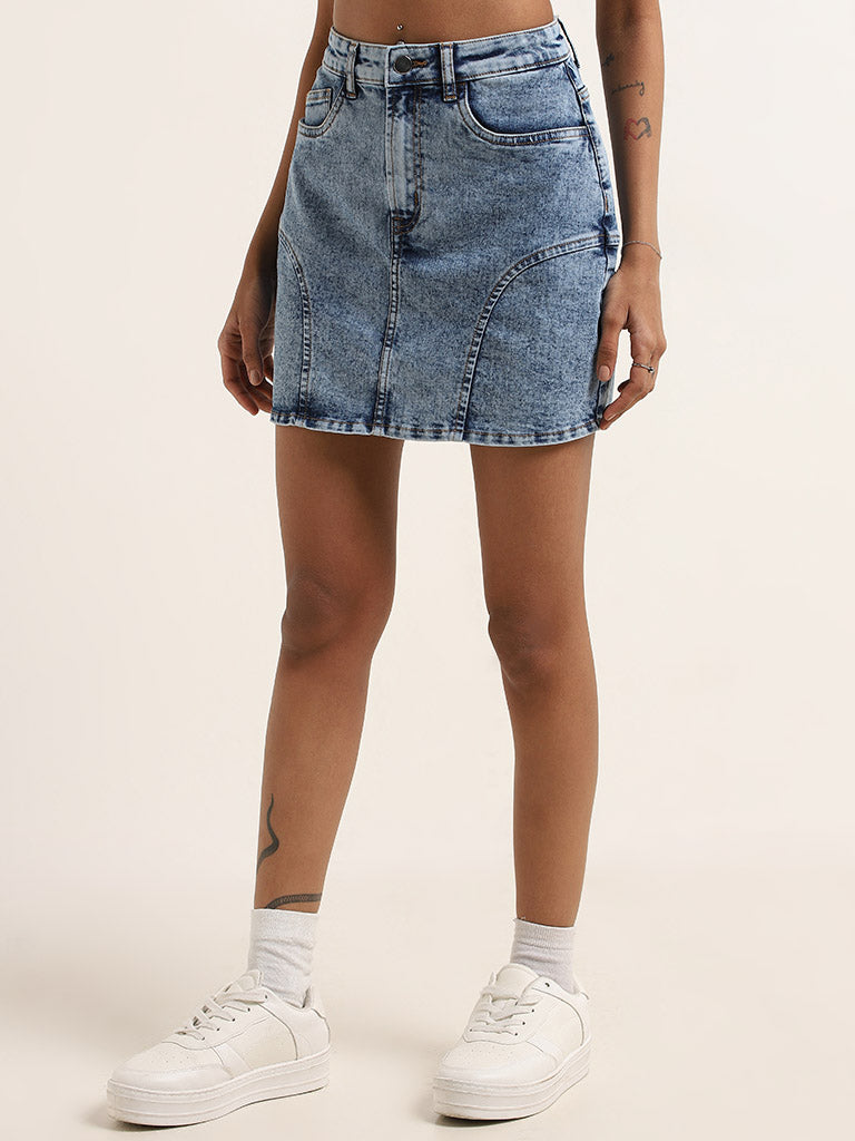 Nuon Blue Washed Design High-Rise Denim Skirt