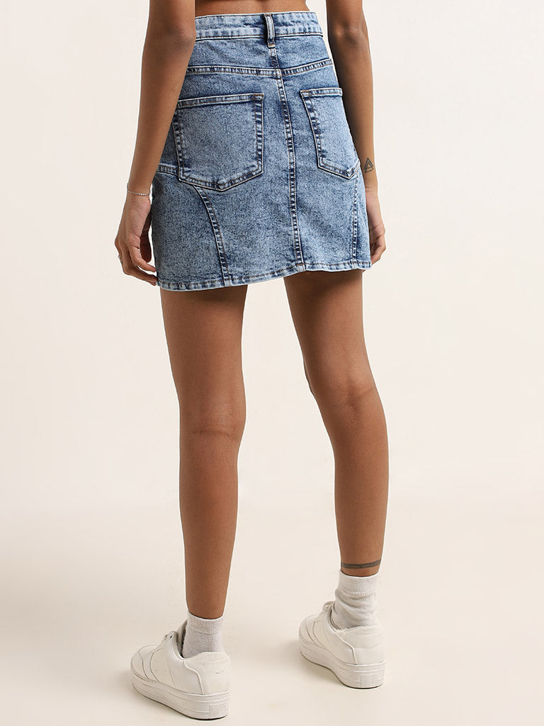 Nuon Blue Washed Design High-Rise Denim Skirt