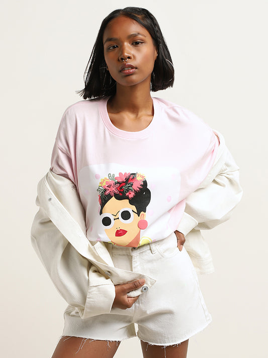 Nuon Light Pink Graphic Printed Oversized Cotton T-Shirt