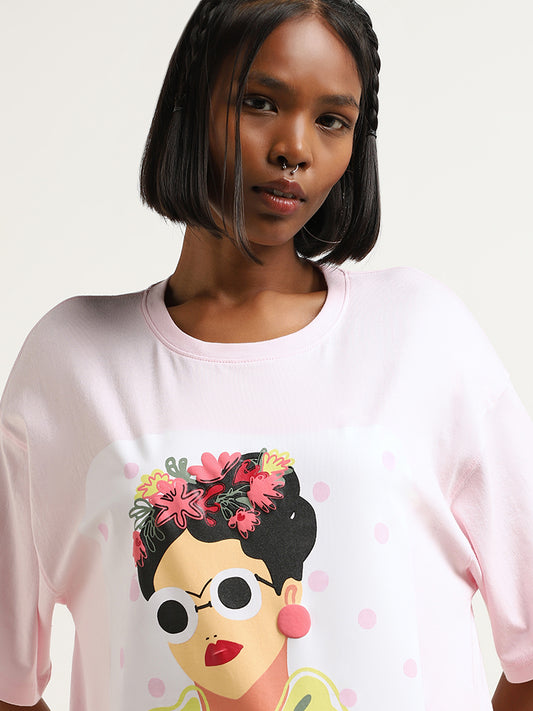 Nuon Light Pink Graphic Printed Oversized Cotton T-Shirt