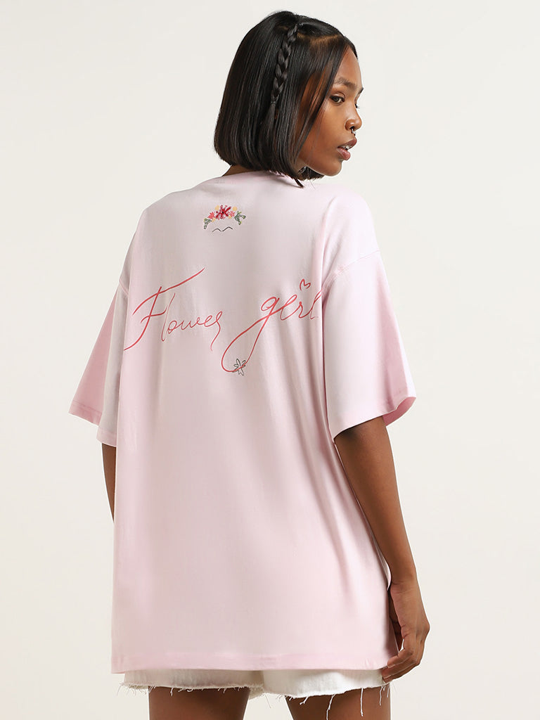 Nuon Light Pink Graphic Printed Oversized Cotton T-Shirt