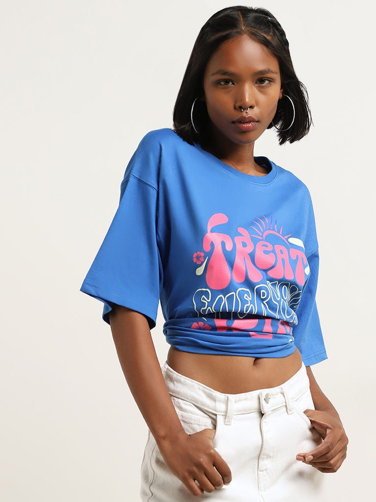 Nuon Blue Text Design Oversized Cotton T-Shirt