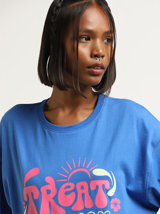 Nuon Blue Text Design Oversized Cotton T-Shirt