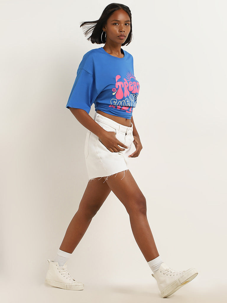 Nuon Blue Text Design Oversized Cotton T-Shirt