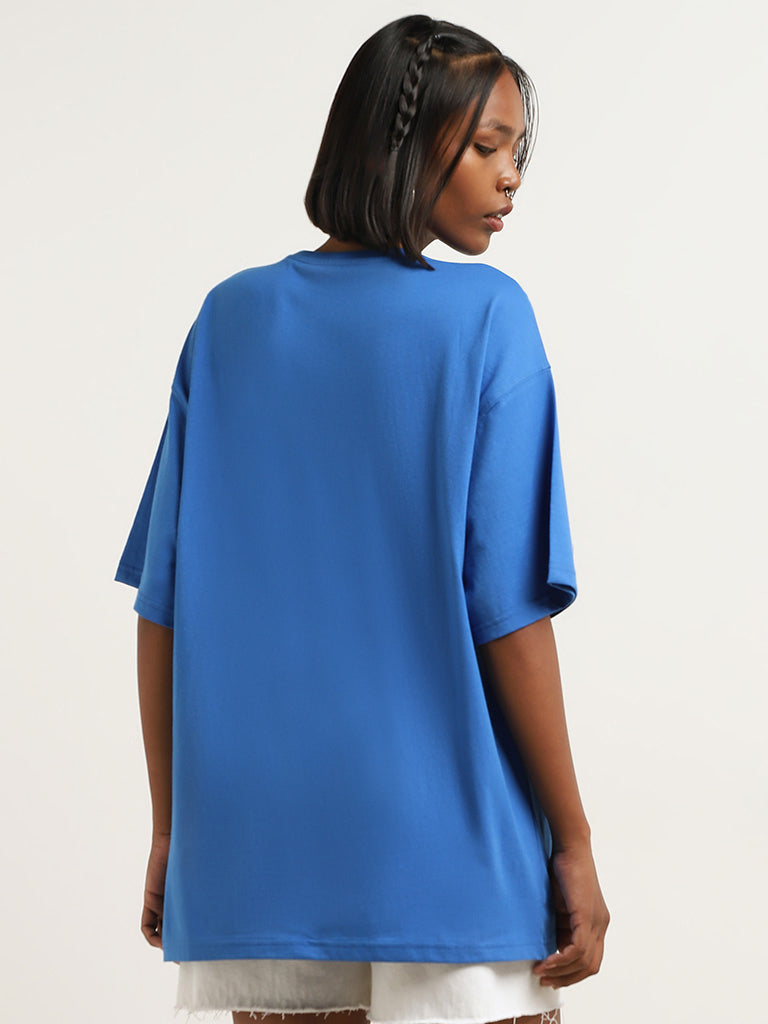 Nuon Blue Text Design Oversized Cotton T-Shirt