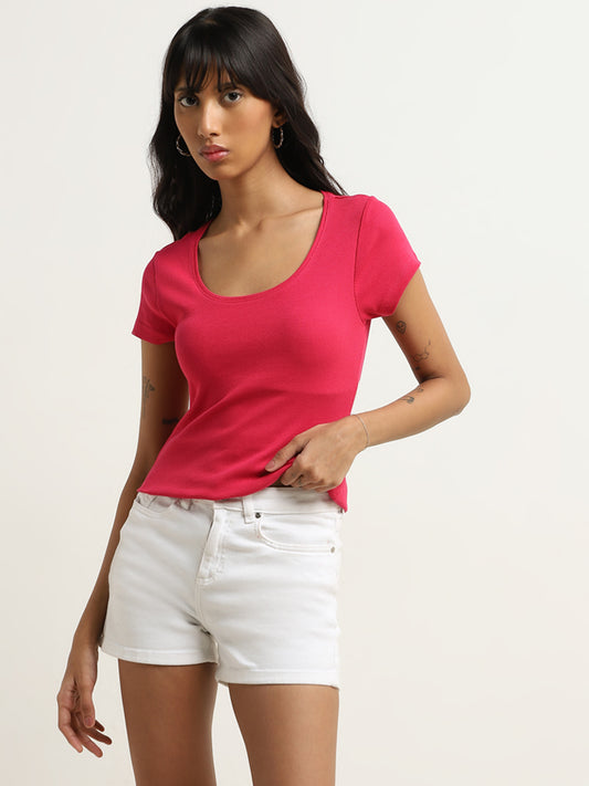 Nuon Pink Ribbed Textured Cotton Blend T-Shirt