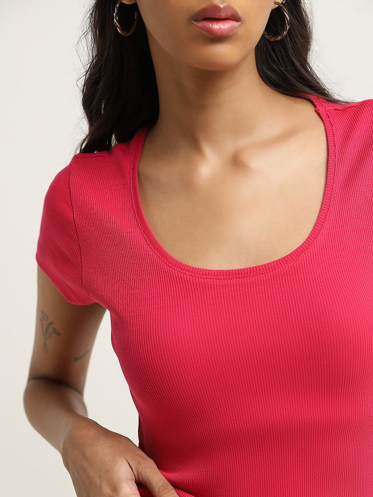 Nuon Pink Ribbed Textured Cotton Blend T-Shirt