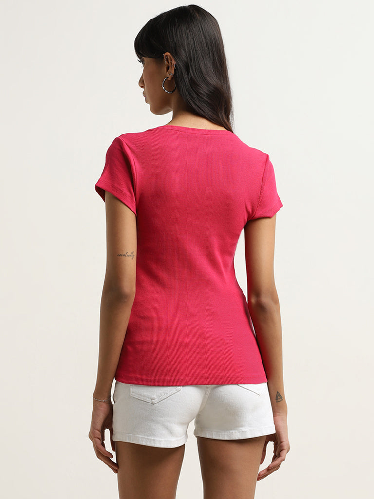 Nuon Pink Ribbed Textured Cotton Blend T-Shirt