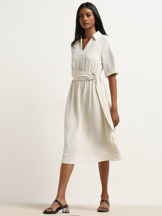 Wardrobe Off-White Pinstriped Shirt Dress with Belt