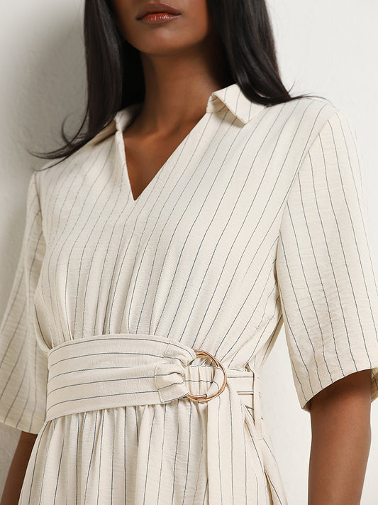 Wardrobe Off-White Pinstriped Shirt Dress with Belt