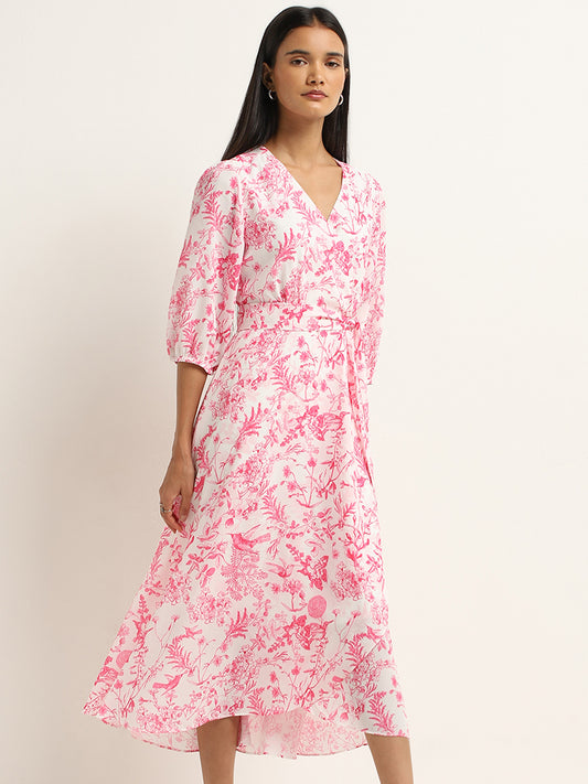 Wardrobe Pink Floral Printed A-Line Dress with Belt