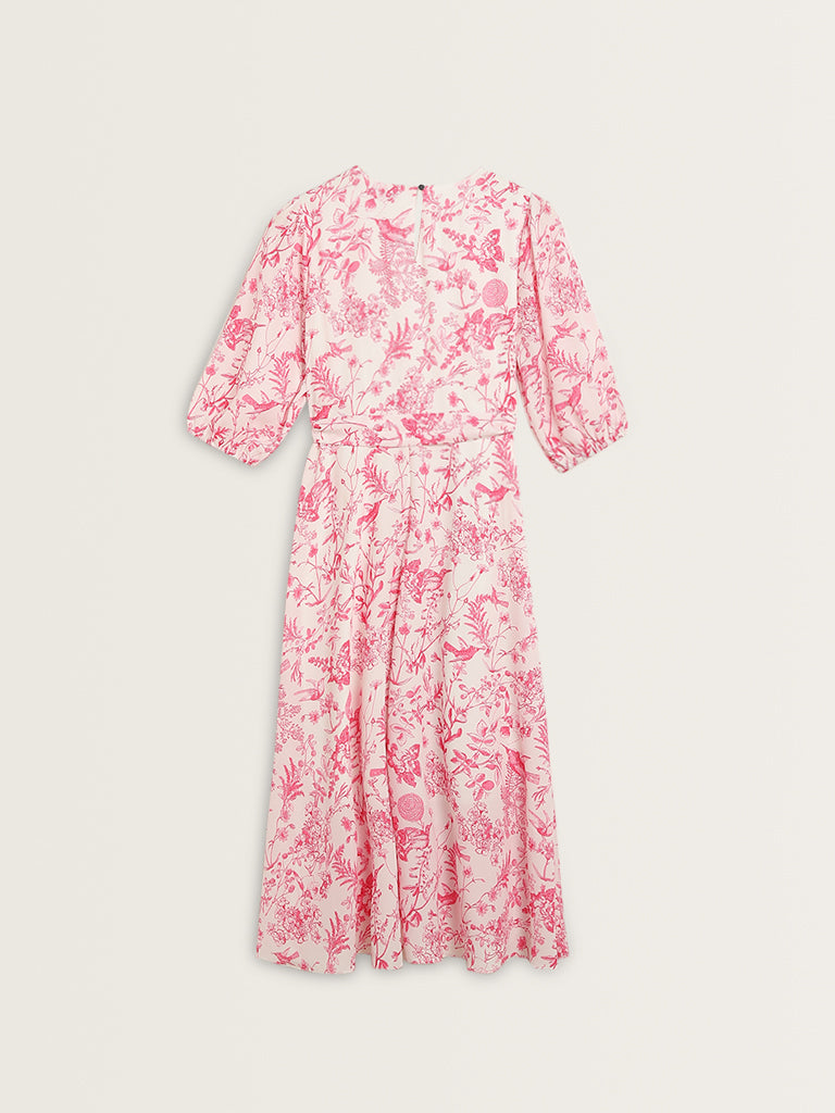 Wardrobe Pink Floral Printed A-Line Dress with Belt