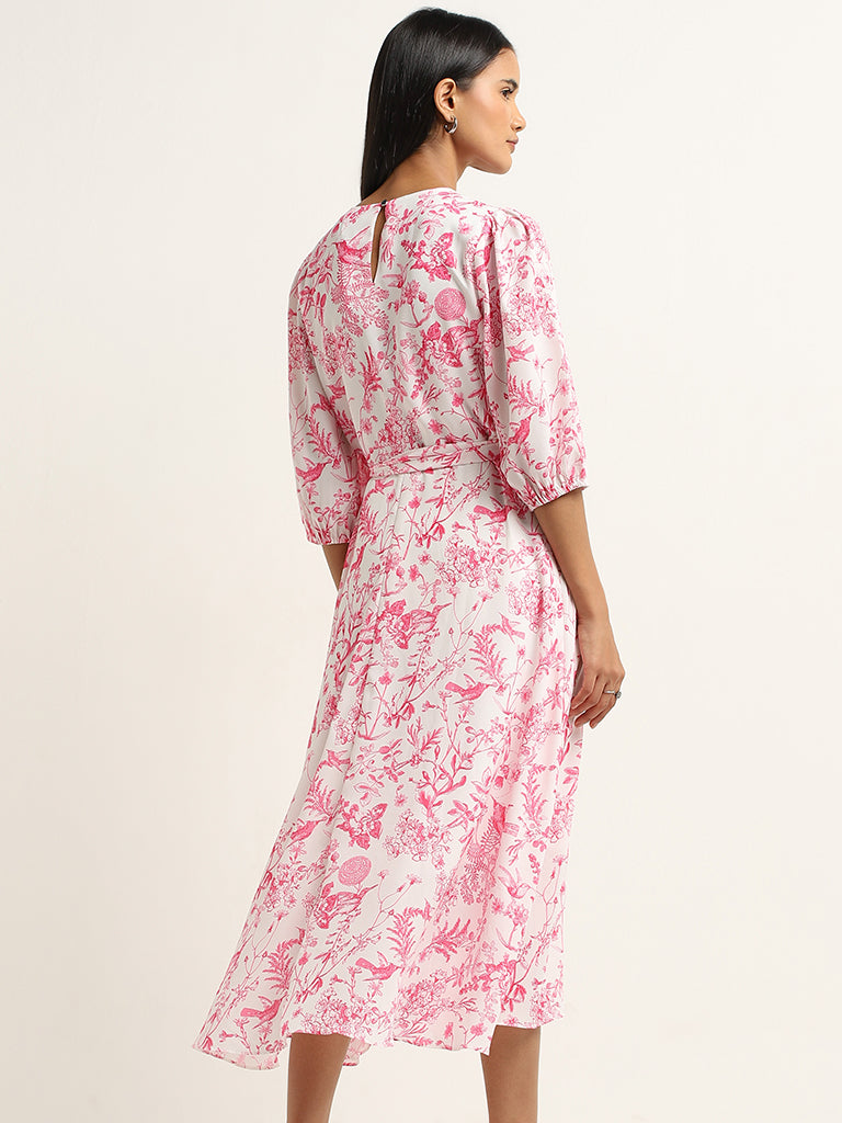 Wardrobe Pink Floral Printed A-Line Dress with Belt