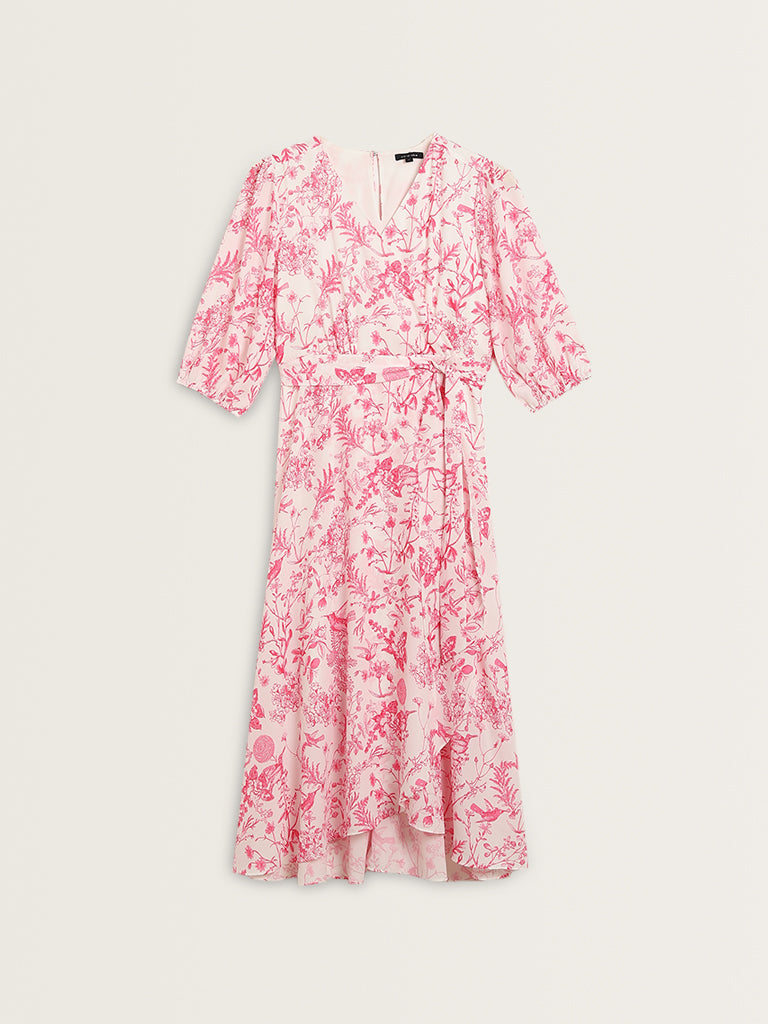 Wardrobe Pink Floral Printed A-Line Dress with Belt