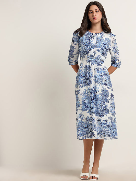 Wardrobe Ivory & Blue Foliage Printed Straight Dress