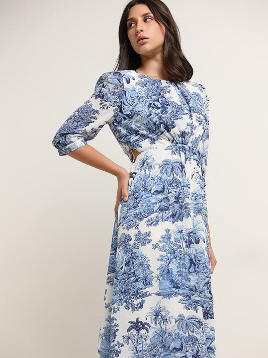 Wardrobe Ivory & Blue Foliage Printed Straight Dress