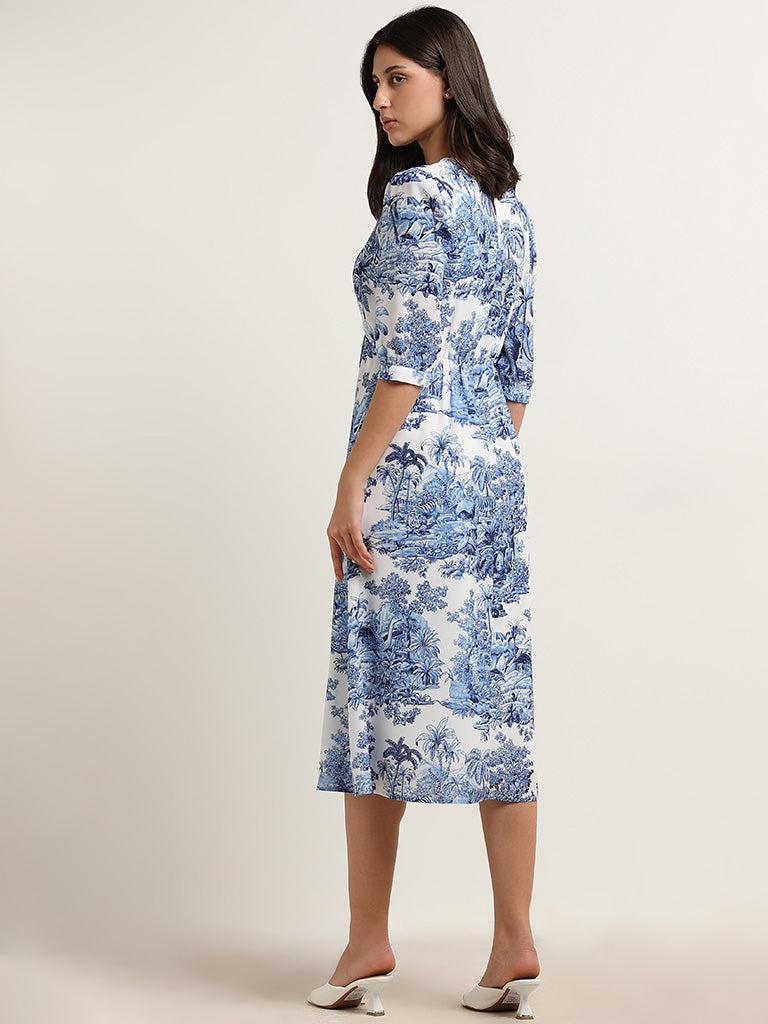 Wardrobe Ivory & Blue Foliage Printed Straight Dress