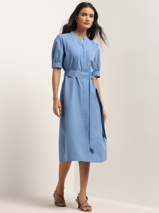 Wardrobe Ivory & Blue Striped Design Straight Dress with Belt