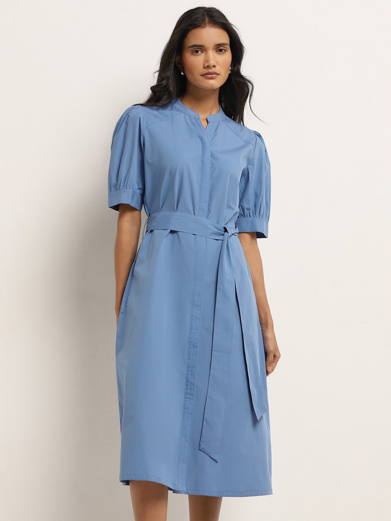 Wardrobe Blue Solid Straight Dress with Belt