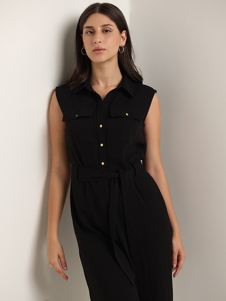 Wardrobe Black Solid Jumpsuit with Belt