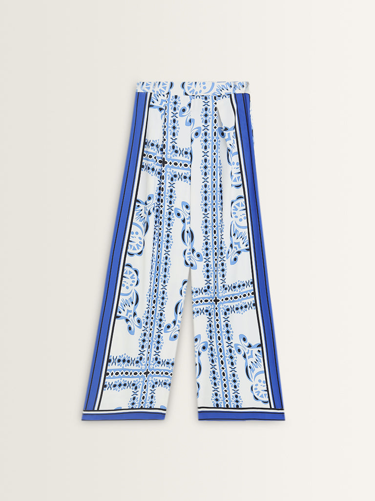 Wardrobe Ivory & Blue Printed Flared High-Rise Trousers