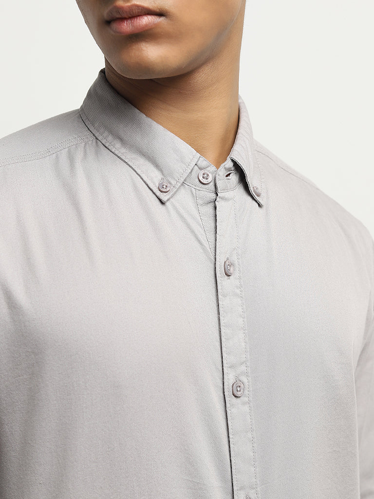 Nuon Grey Solid Slim-Fit Cotton Shirt