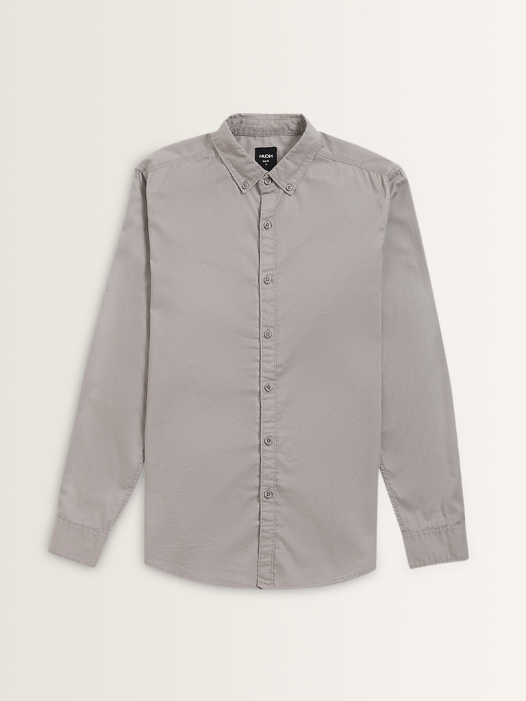 Nuon Grey Solid Slim-Fit Cotton Shirt