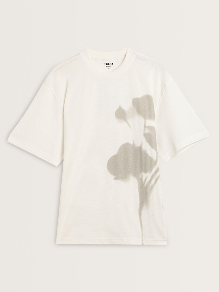 Nuon White Floral Design Relaxed-Fit T-Shirt