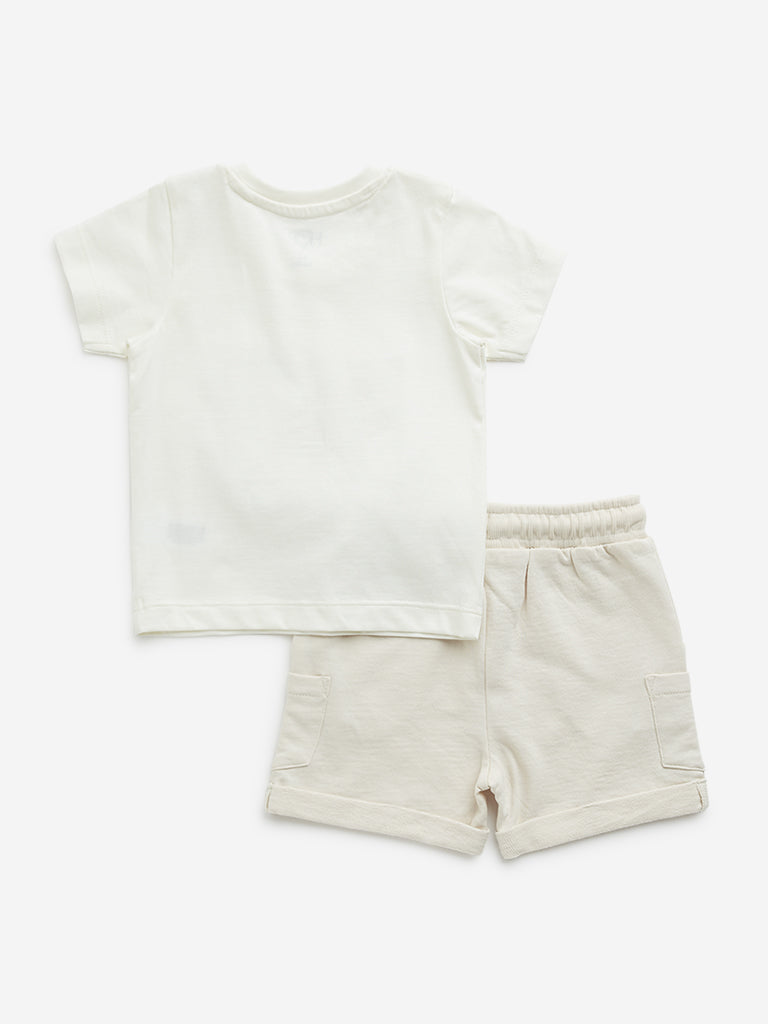 HOP Baby Beige Cotton T-Shirt with Mid-Rise Shorts Set