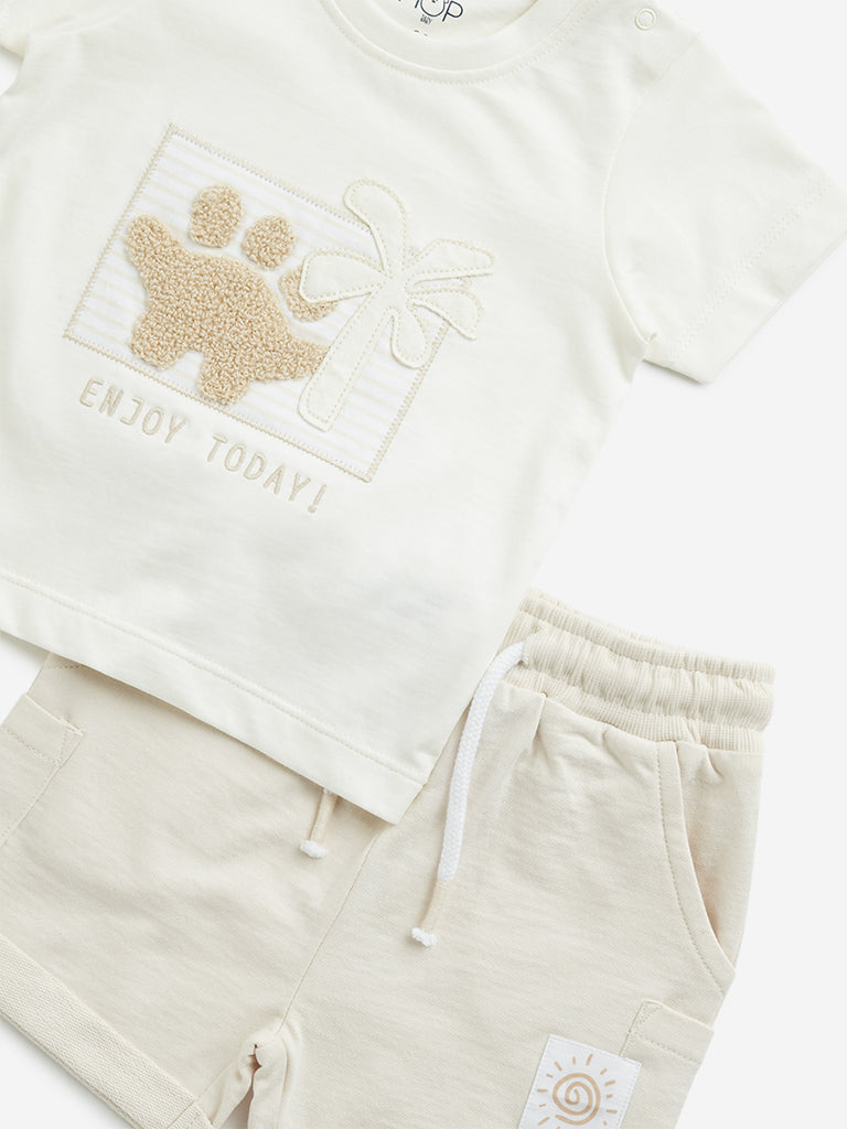 HOP Baby Beige Cotton T-Shirt with Mid-Rise Shorts Set