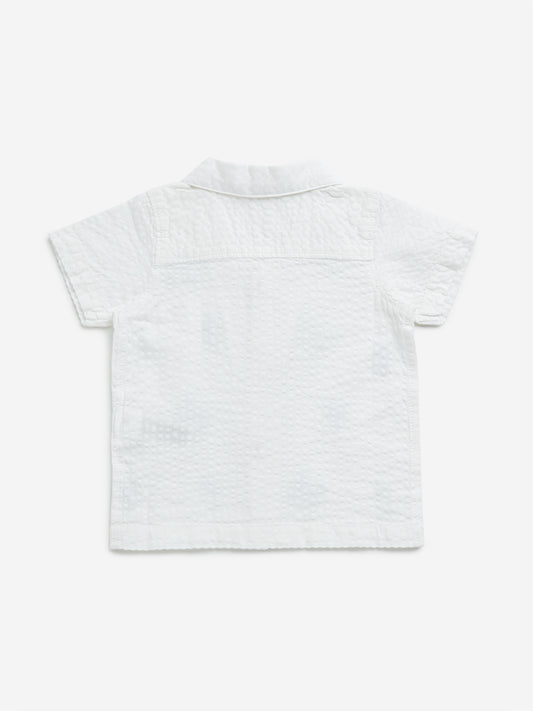 HOP Baby White Embroidered Popcorn-Textured Cotton Shirt