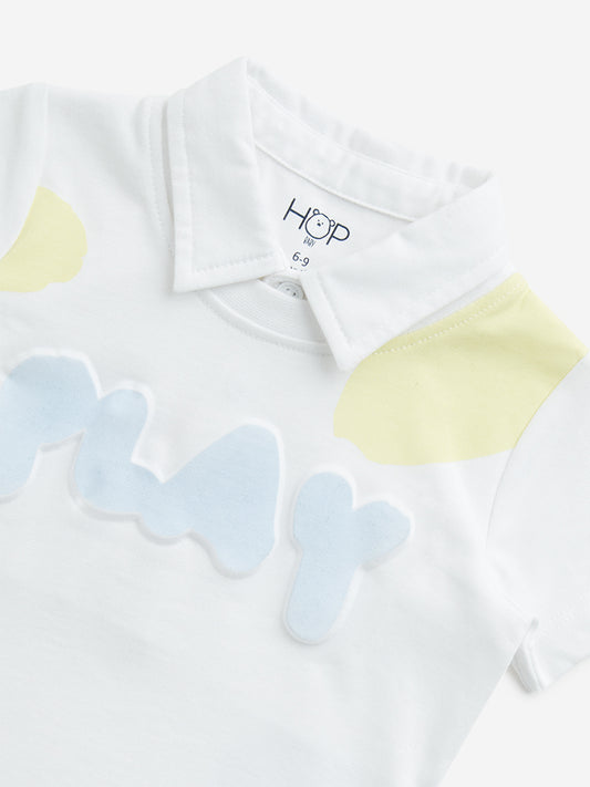 HOP Baby White Text Embossed Collared Cotton T-Shirt