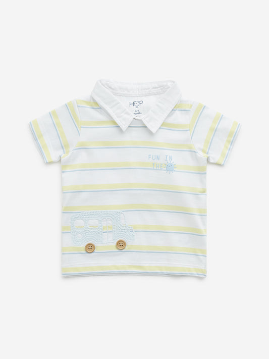 HOP Baby White Striped Design Collared Cotton T-Shirt