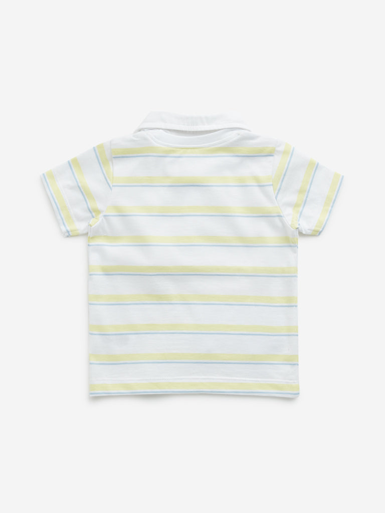 HOP Baby White Striped Design Collared Cotton T-Shirt