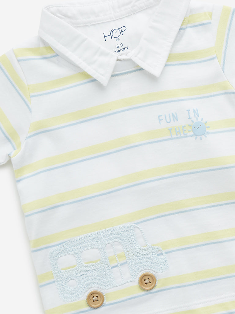 HOP Baby White Striped Design Collared Cotton T-Shirt